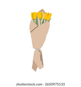 Buquê com tulipas amarelas envoltas em papel kraft. Ilustração plana vetorial de flores da primavera. Clipart floral para cartões, cartazes e convites