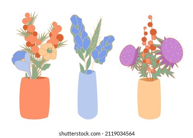 Bouquetes of blossom flowers in minimalistic ceramic vases Vector abstract mimosa, crocus, winterberry, bluebell, narcissus, thistle in flowerpot bowl, 8 March and mothers day vector illustration