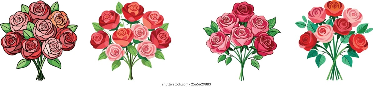 Bouquetes of flowers on white background.