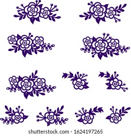 Bouquets of abstract roses and branches. Vector of silhouettes set. Decorative elements for design.