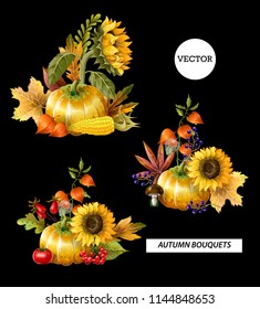 Bouquets of autumn leaves, fruits, berries and vegetables. Vector illustration.