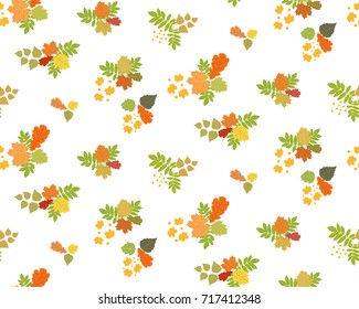 Bouquets of autumn leaves on white background, seamless pattern