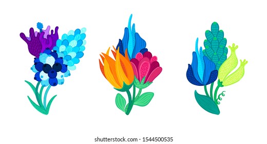 Bouquets of beautiful colorful flowers. Speckled petals. Hand-drawn plants. Floral arrangement. Bunch of bloom. Composition for design of cards, invitations, posters, flyers, print on clothes. Vector