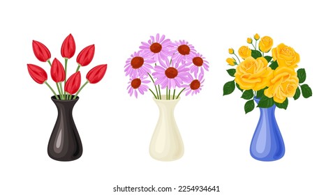 Bouquets of beautiful flowers set. Red tulips, yellow rose flowers and pink echinacea in vases isolated on white background. Vector illustration in cartoon flat style.