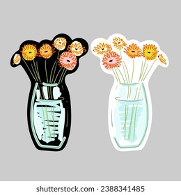 Bouquets of beautiful gerbera flowers. Minimalist floral stickers. 