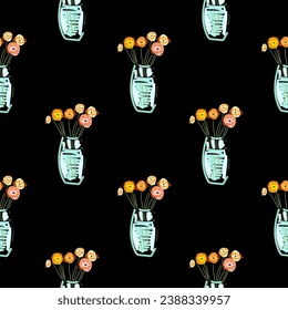 Bouquets of beautiful gerbera flowers on black. Minimalist floral background. Seamless pattern with floral elements.