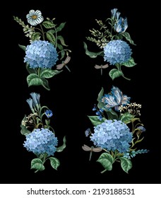 Bouquets with blue hydrangeas and other flowers isolated. Vector