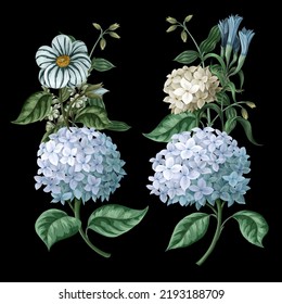 Bouquets with blue hydrangeas and other flowers isolated. Vector
