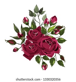 Bouquets of bordo flower roses with green leaves. Floral maroon branch flowers arrangements for wedding invitation save the date or greeting card design. Vector illustration in watercolor style