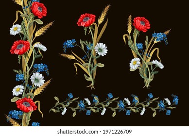 Bouquets with botanical flowers such as poppies, chamomile, ear of wheat  and border