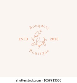 Bouquets Boutique Vector Sign, Symbol or Logo Template. Abstract Retro Floral Illustration with Classy Typography. Cute Premium Quality Emblem for Beauty Salon, SPA, Wedding Boutiques, etc. Isolated.