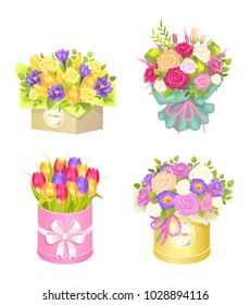 Bouquets in box collection, flowers composition, roses and tulips, delphinium and containers with labels and ribbons, isolated on vector illustration