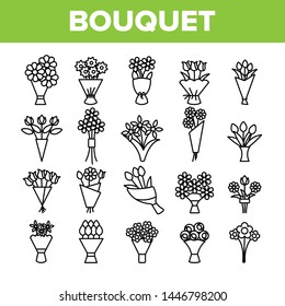 Bouquets, Bunches Of Flowers Vector Icons Set. International Womens Day, Birthday, Romantic Present. Natural, Traditional Gift For Girls, Women, Ladies. Roses, Tulips, Daisies Thin Line Illustration