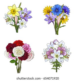 Bouquets, bunches of lily, rose, daffodil, cornflower, daisy, wild and garden flowers, sketch vector illustration isolated on white background. Hand drawn realistic flowers in bouqets and bunches