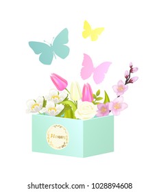 Bouquets and butterflies, different types and container with label, roses and tulips, sakura and floral elements, isolated on vector illustration