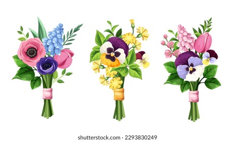 Bouquets of colorful flowers isolated on a white background. Set of colorful tulip, pansy, anemone, and hyacinth flower bouquets. Vector illustrations