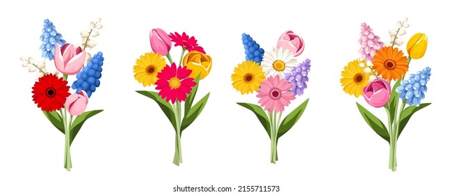 Bouquets of colorful spring flowers isolated on a white background. Set of vector illustrations