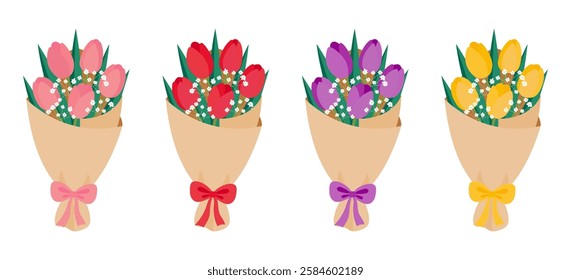 Bouquets of colorful tulips and gypsophila isolated on white background. Holiday concept. Vector illustration