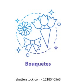Bouquets concept icon. Flowers. Holiday present idea thin line illustration. Camomile, bow, bunch of tulips. Vector isolated outline drawing