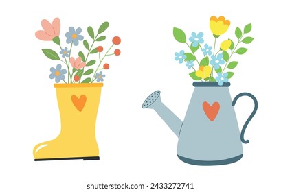 Bouquets of  cute spring flowers in a garden watering can and rubber boot.  Springtime concept.