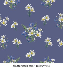 Bouquets of daisies with ears of field grass and cornflowers on a blue background. Template for the design of print, fabric, wallpaper and box.