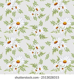 Bouquets of daisies in a pattern.Vector seamless pattern with white daisies and green leaves.