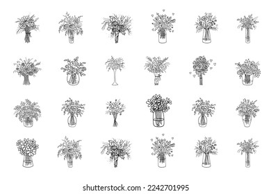  Bouquets doodle set,hand drawn flowers.Floral festive sketch, drawing, still life.Romantic bunches,gift to holiday.Botanical illustration. Vector 