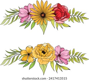 bouquets, floral arrangements, leaves, branches and design elements, flowers, roses, twigs.