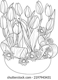 bouquets of flower vase branch buds botanical leaf of tulip flower hand drawn outline sketch vector illustration engraved ink art coloring page and book for adult isolated on white background clip a