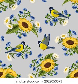 Bouquets of flowers with birds in the pattern.Birds, sunflowers and cornflowers on a white background in a color vector pattern.