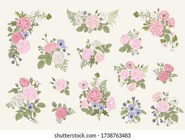 Bouquets with flowers. Blooming  garden. Vector illustration.