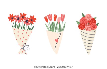 Bouquets de flores. Un ramo de flores de jardín, un ramo de tulipanes, un ramo de rosas. Conjunto vectorial de decoración floral. Adecuado para el 8 de marzo, Día de San Valentín, Día de la Madre, tarjetas de felicitación.