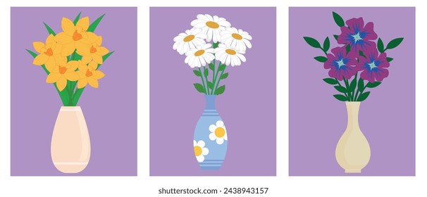 Bouquets of flowers. A bouquet of garden flowers in vases, a bouquet of daffodils, daisies and daisies. Vector set of floral decoration. Suitable for March 8, Mothers Day, invitations, greeting cards.