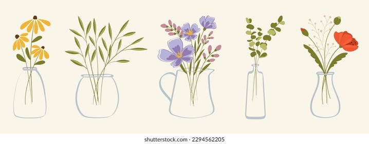 Bouquets of flowers and branches in transparent vases. Vector botanical illustrations. Wildflowers, rustic decor. Suitable for the design of postcards, posters, blogs, wallpapers, covers, labels.