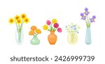 Bouquets of flowers in different vases. Set of vector cartoon flat illustrations.