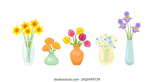 Bouquets of flowers in different vases. Set of vector cartoon flat illustrations.