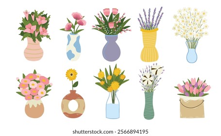 Bouquets of flowers in different vases. Spring and summer colorful flowers. Set of vector cartoon flat illustrations.