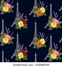 Bouquets of flowers and the Eiffel Tower.Vector seamless pattern with flowers and the Eiffel Tower on a colored background.