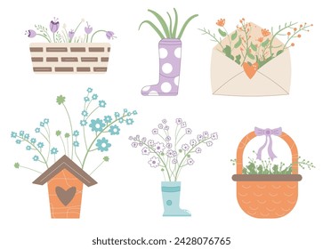 Bouquets with flowers in envelope boots basket birdhouse. Spring elements set and gardening tools isolated on white background. Vector illustration.
