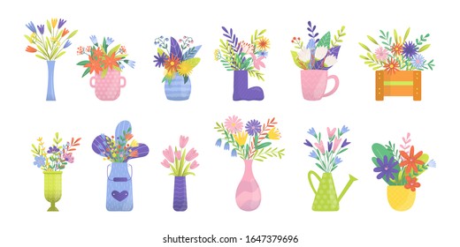 Bouquets of flowers, florist of tulips, orchids, lilies, roses or callas, hand bells in floral vases, bottles, wooden boxes and watering can vector illustration set. Garden and wild flowers bouquets.