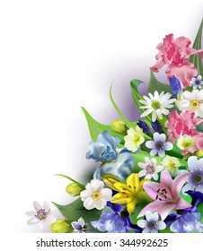 Bouquets of flowers, irises, anemones, daffodils, crocuses for design flyers, business cards, postcards, napkins, etc.Vector