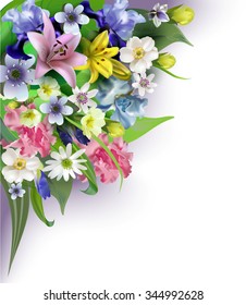 Bouquets of flowers, irises, anemones, daffodils, crocuses for design flyers, business cards, postcards, napkins, etc.Vector