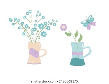 Blumensträuße im Krug. Sommerelemente. Vektorgrafik.
