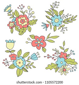 Bouquets. Flowers, leaves. Hand drawn doodle set. Isolated on white background