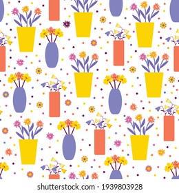 Bouquets of flowers in a modern vase. Seamless vector pattern
