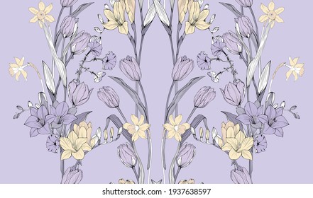 Bouquets of flowers on a lavender background. Seamless vector pattern for home textiles.