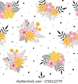Bouquets de flores sobre un fondo blanco con puntos. Patrón floral sin soldadura