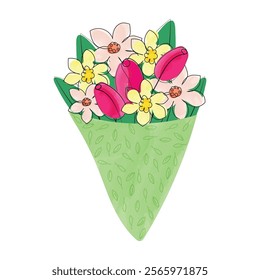 Bouquets of flowers for postcards, decoration, gifts. Bouquet of tulips, daffodils. Color vector illustration is made in the style of thin line and watercolor painting.