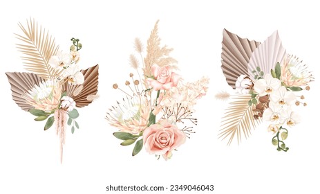 Bouquets with flowers of protea, white orchid, pink rose, hydrangea, cotton, palm leaves, eucalyptus, reed and dry plants in boho style. Stock vector illustration on a white background.