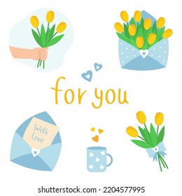 Bouquets of flowers. Romantic set of flower presents. Bouquet in hand, envelope with floral elements, cup with hearts. Vector illustration of yellow tulips.